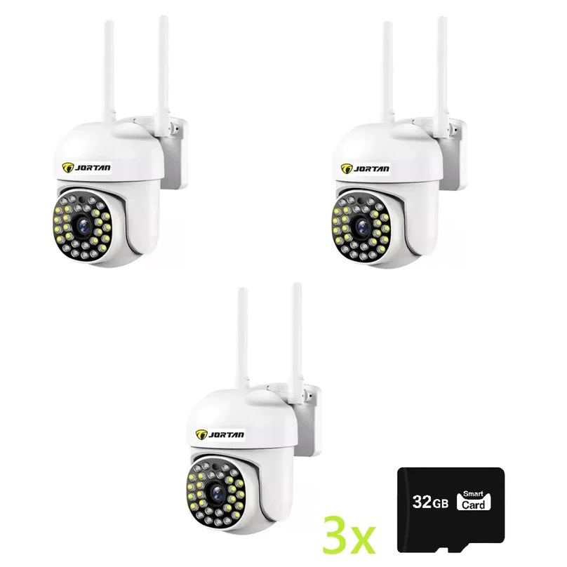 Set 3 x Camere de Supraveghere Video Jortan JT-8161, 32 Leduri, Rotative, Senzor de Miscare si Infrarosu Rezistanta la apa + 3 carduri 32GB