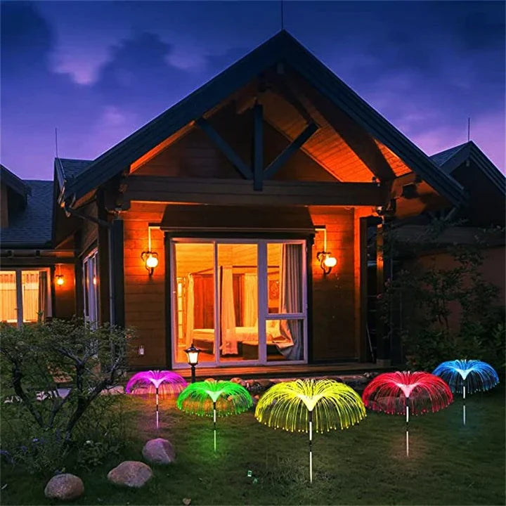 Oferta 1+1 Lampa solara tip meduza, fibra optica LED RGB, 60 cm,din plastic si otel inoxidabil, rezistenta la apa