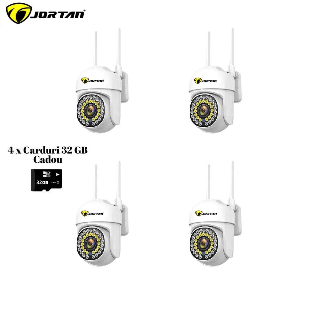 Set 4 x Camere de Supraveghere  Video Jortan JT-8161, 32  Leduri, Rotative,  Senzor de Miscare si Infrarosu Rezistanta la apa + 4 Carduri 32GB