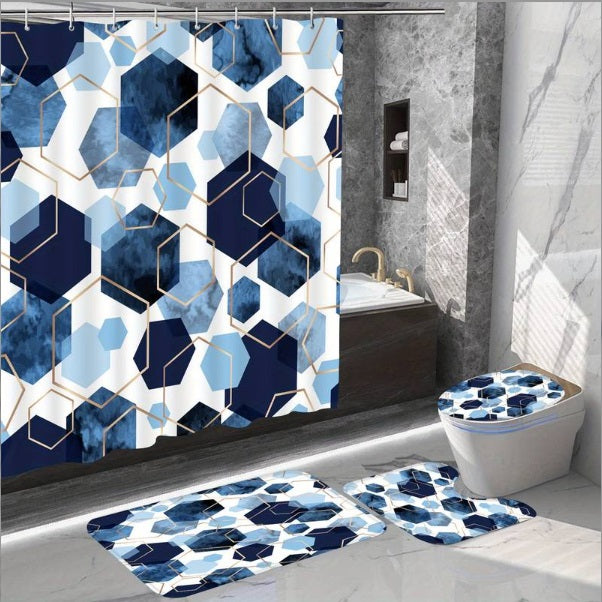 Set Pentru Baie: Perdea, Covorase Si Husa De Toaleta - Blue Hexagon