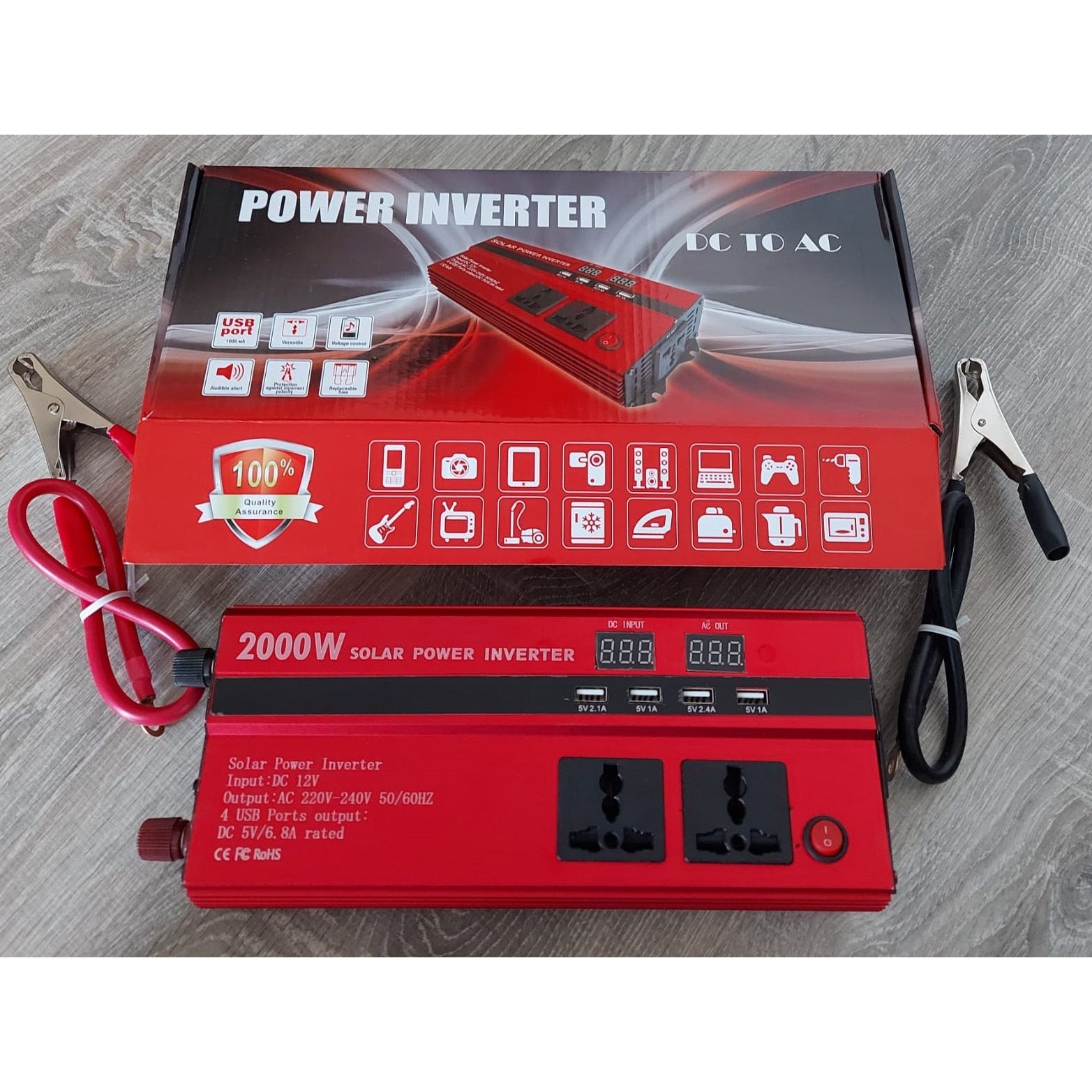 Invertor Auto Solar , Display Dublu cu 4 Mufe USB, 2 Iesiri ,2000 W