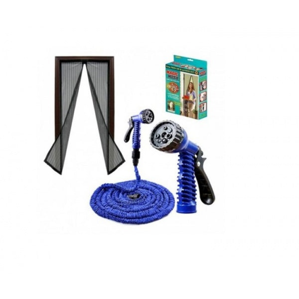 Furtun extensibil de gradina de 30 metri,  + Accesoriu pentru stropit cu 3 moduri de stropirer + Perdea magnetica usa antiinsecte