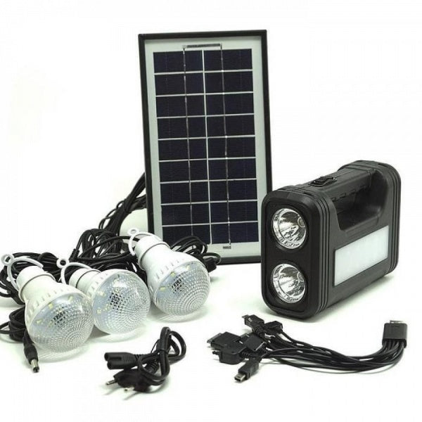 Kit cu panou solar pentru camping, locuinta, gradina, drumetii, cu lanterna, 3 becuri, USB, GDLite GD-8017, acumulator 6V 4Ah inclus