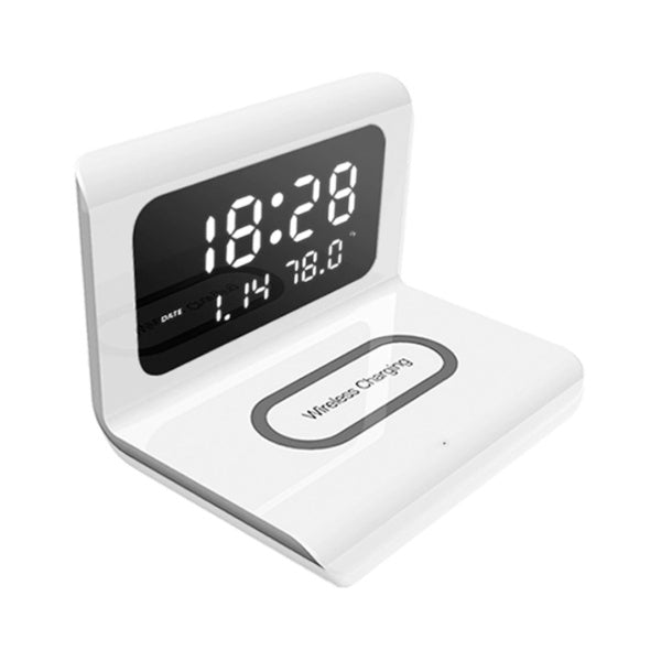 Ceas Digital 2 in 1 cu Statie de Incarcare Wireless, cu Data, Alarma si Temperatura, 17 X 12 X 12,5 cm, Alb